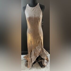 Betsy & Adam Shimmering Gold Asymmetrical Dress